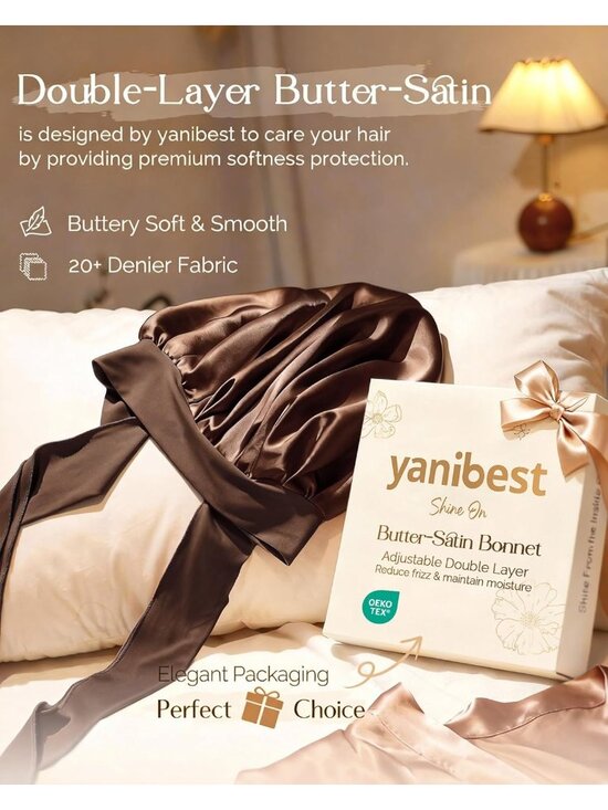 〽️Women Brown Double Layer Hair Wrap Reduce Friction Prevent Frizz Satin Bonnet main image 4